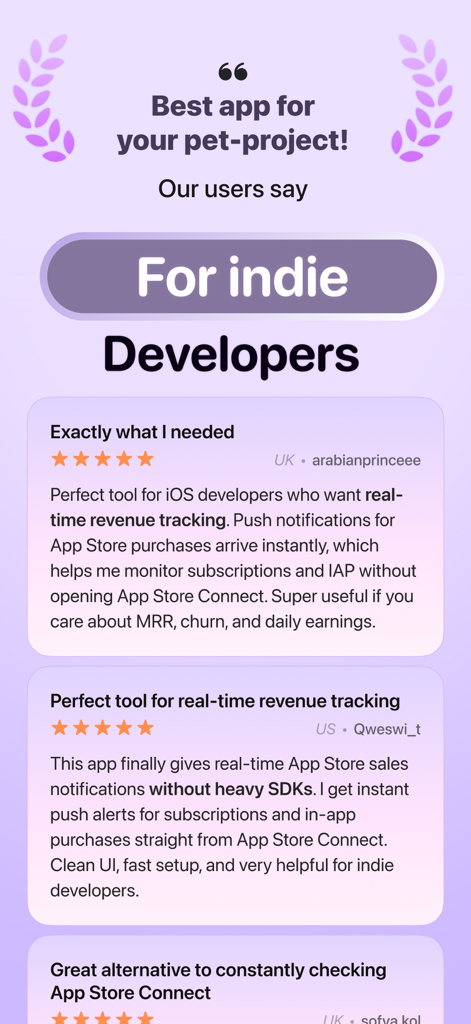 NewSub: App Developer Alerts - User testimonials for the NewSub app showing positive reviews and five star ratings from indie developers