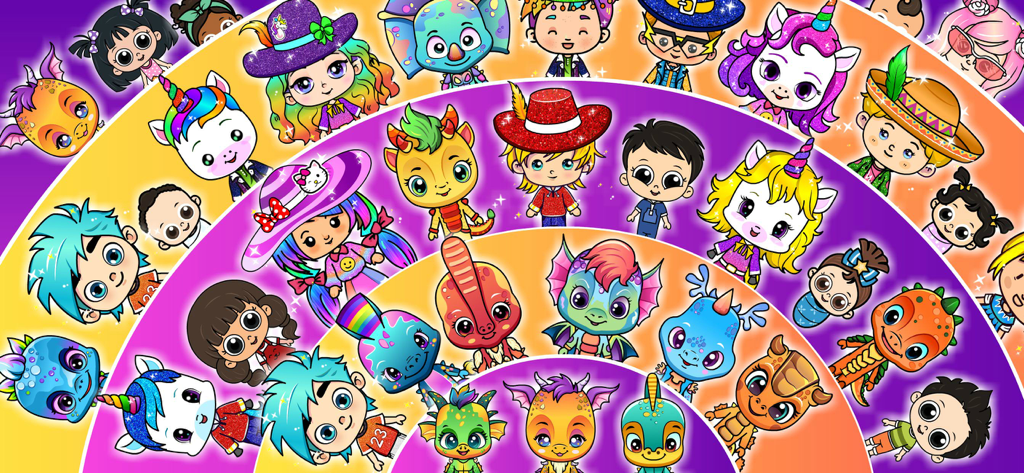 A diverse array of colorful cartoon characters including kids, unicorns, and dragons from the Tizi Town game