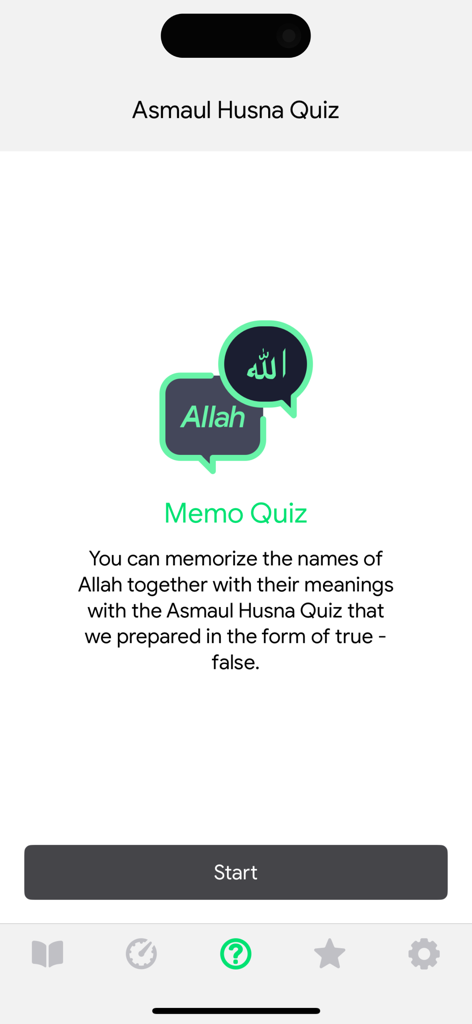 Memo quiz screen for learning the 99 names of Allah through true and false questions