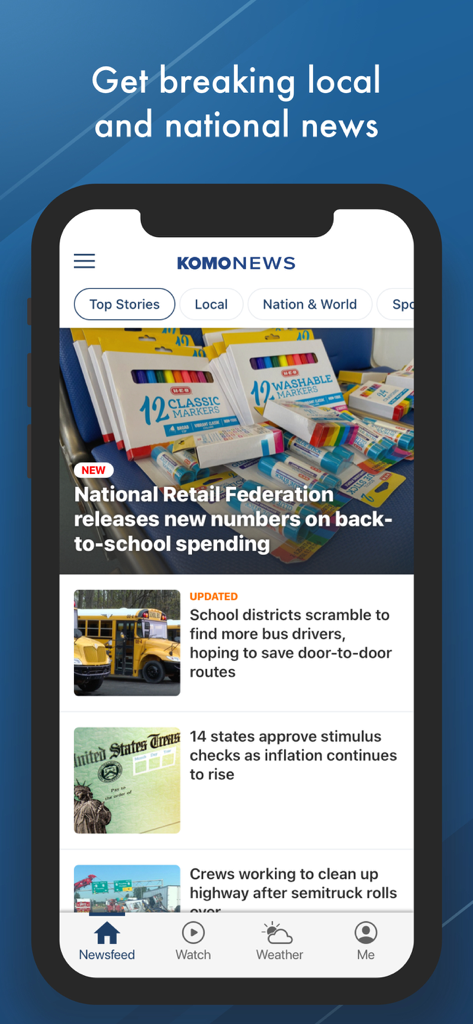KOMO News Mobile - Interfaz de la aplicación móvil KOMO News que muestra titulares de noticias locales y nacionales de última hora