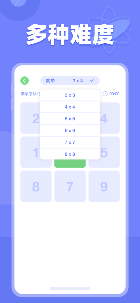 Interface showing multiple difficulty levels with grid size options from 3x3 to 8x8 for attention training