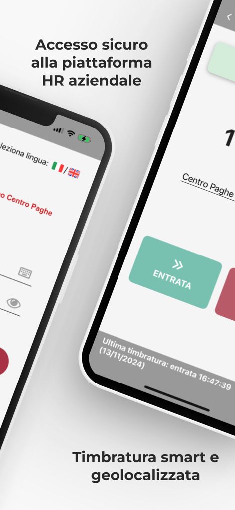 CPeople mobile app interface for secure HR platform access and smart geolocalized clock in