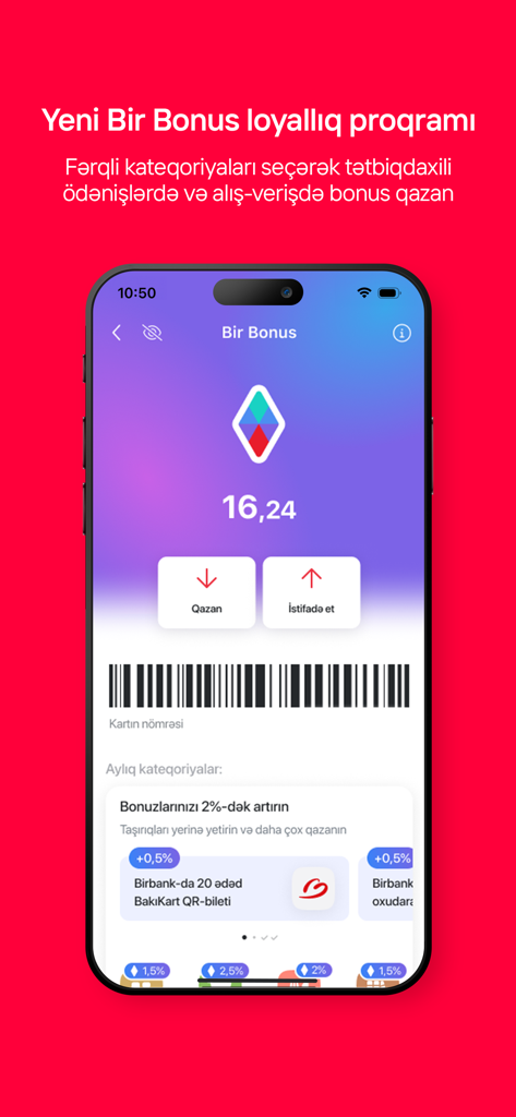 Birbank mobile app loyalty program screen showing bonus points balance and barcode