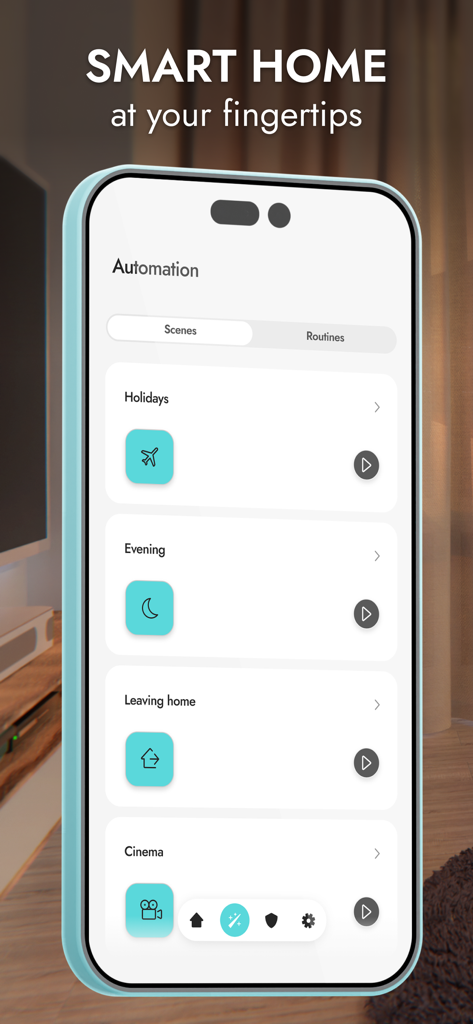 BE WAVE - Smartphone screen displaying BE WAVE app automation scenes for holidays and home settings