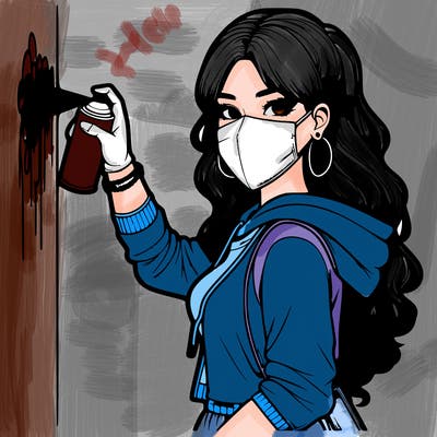 realistic girl with mask spray painting a wall