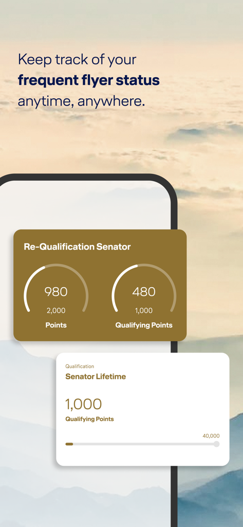Miles & More - Panel de la aplicación Miles and More que muestra puntos de estatus para la recalificación de Senator.