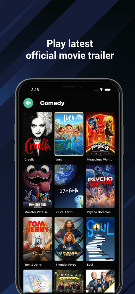 Soap.2Days app interface showing movie posters in the comedy category with a play trailers header.