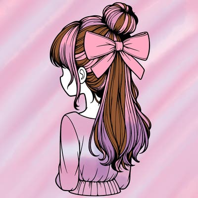 realistic girl  with hip length hair a bun and a big bow on the back of head
