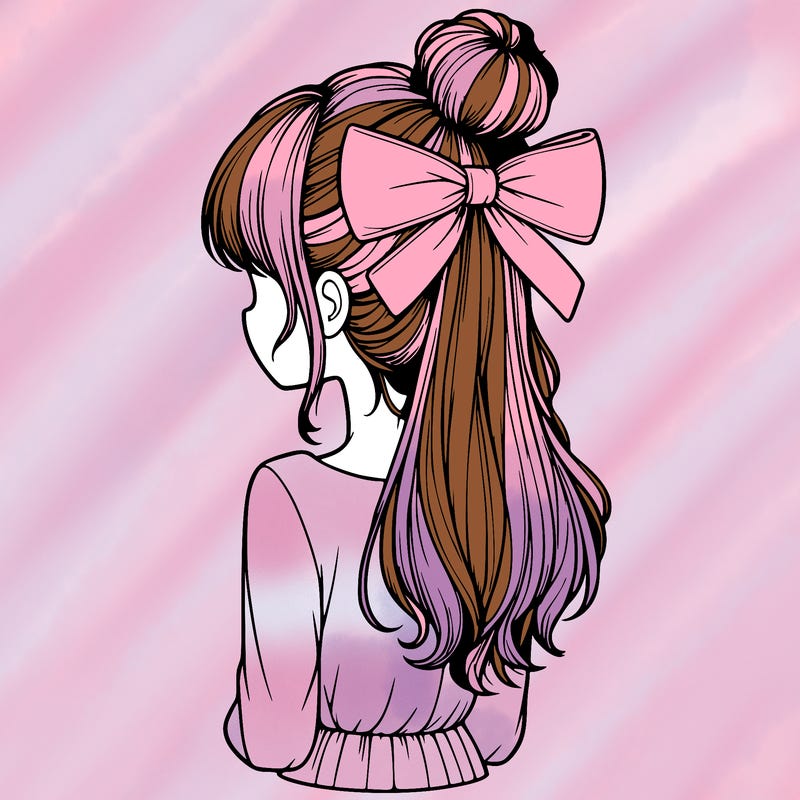 realistic girl  with hip length hair a bun and a big bow on the back of head