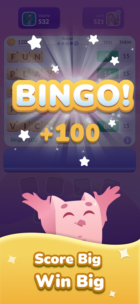 A celebratory screen from the Word Roll mobile game showing a large Bingo message with a 100 point bonus and a pink owl mascot.