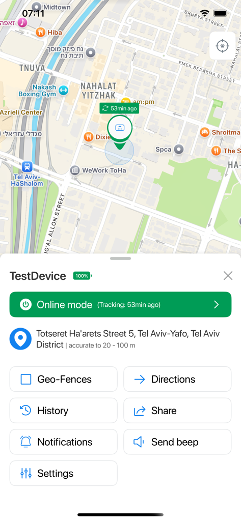 Trackimo + - Trackimo plus app interface showing real time device location on a map with battery status and control options