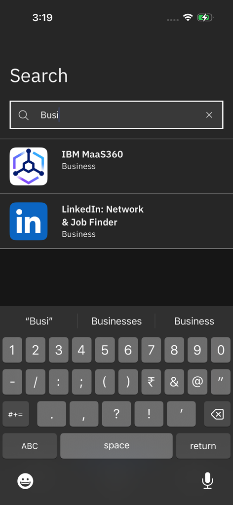 IBM MaaS360 App Catalog - Search screen within the IBM MaaS360 App Catalog showing results for business applications like LinkedIn