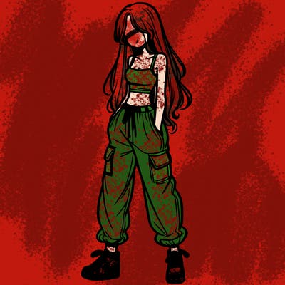 girl in baggy pants crop top and long hair