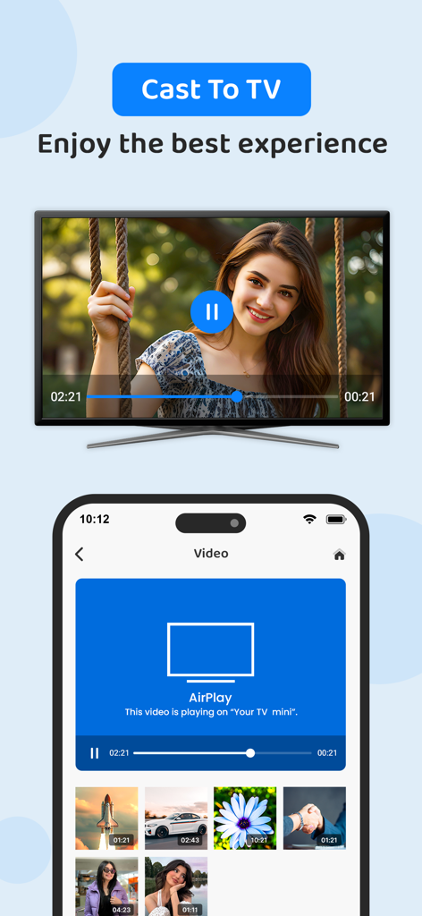 Screen Mirroring Cast to TV - Pantalla de iPhone transmitiendo un video a un televisor inteligente usando la aplicación TVPlay