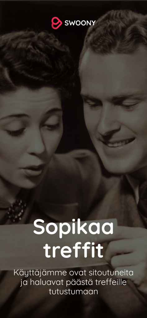 Swoony Matchmaking - A vintage sepia-toned photo of a couple with the Swoony Matchmaking logo and text promoting committed dating.