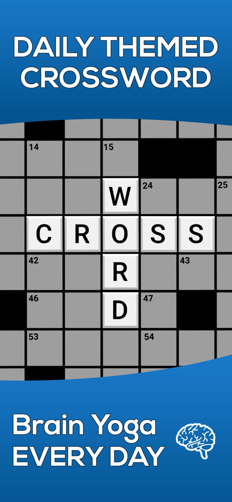 Daily Themed Crossword Puzzles game screen featuring a crossword grid and the slogan Brain Yoga Every Day