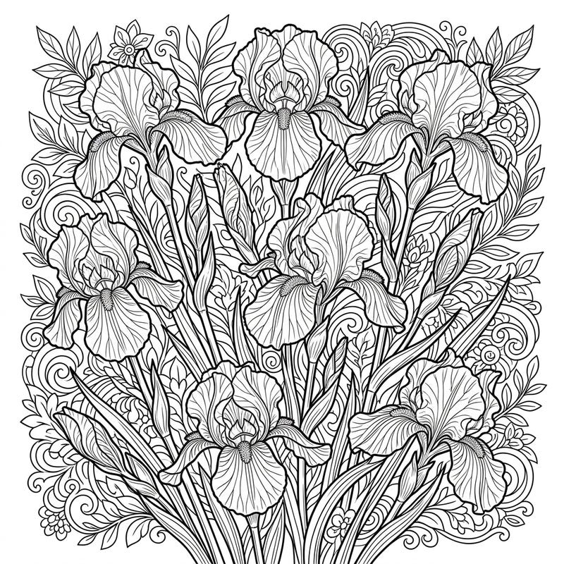 Dive into the beauty of nature with this intricate Dwarf Bearded Irises coloring page, designed specifically for teens. Explore complex floral patterns and swirling abstract elements that promise hours of engaging artistic expression.
