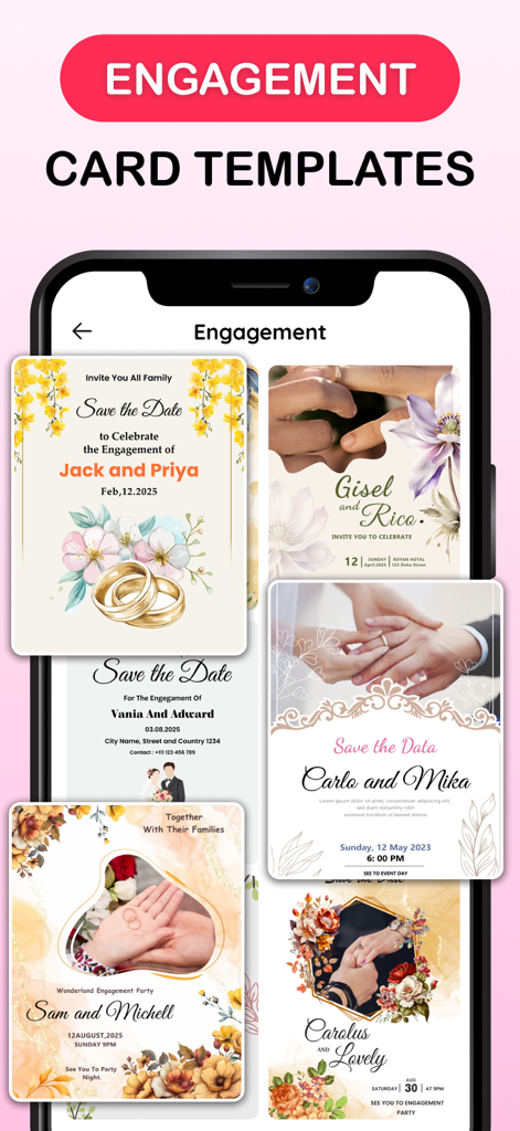 Invitation Maker: RSVP & Cards - Engagement invitation card templates with various designs and floral themes displayed in a mobile app screen