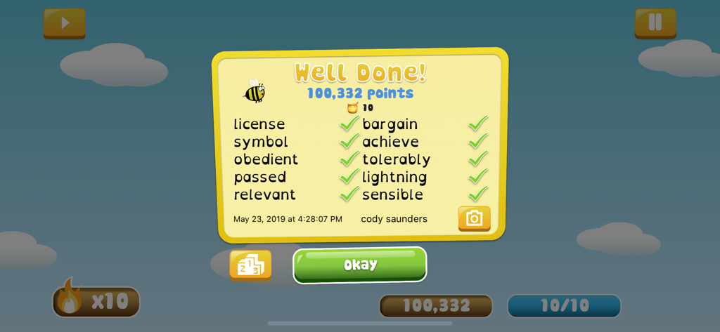 Spelling Shed - Spelling Shed results screen showing ten correctly spelled words and earned points
