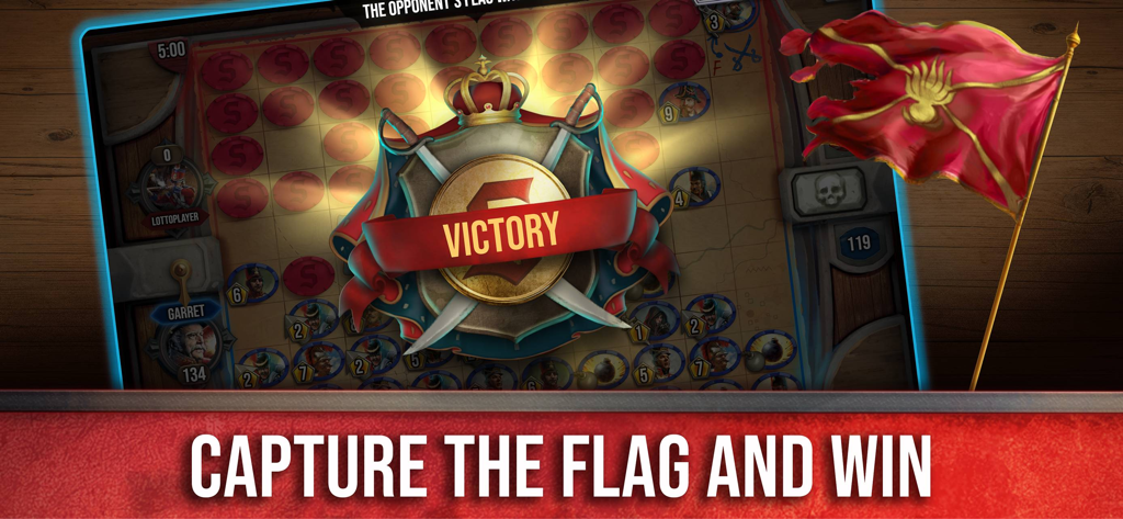 Stratego® Online - A victory screen from Stratego Online featuring a golden shield banner and the text capture the flag and win