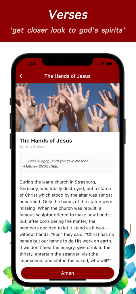 iPray app showing a daily devotional titled The Hands of Jesus by Billy Graham with a Bible verse and Amen button