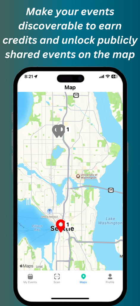 Poster-AI-App-Oberfläche mit einer Karte von Seattle, die lokale Veranstaltungen mit Pins markiert und eine Überschrift zur Entdeckungsfunktion.