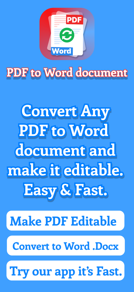 PDF to word : PDF Editable - Schermata dell'app mobile che spiega come convertire rapidamente qualsiasi PDF in un documento Word modificabile