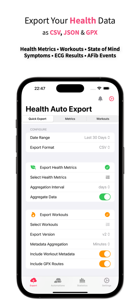 Interface of Health Auto Export app showing data export configuration for CSV and JSON formats