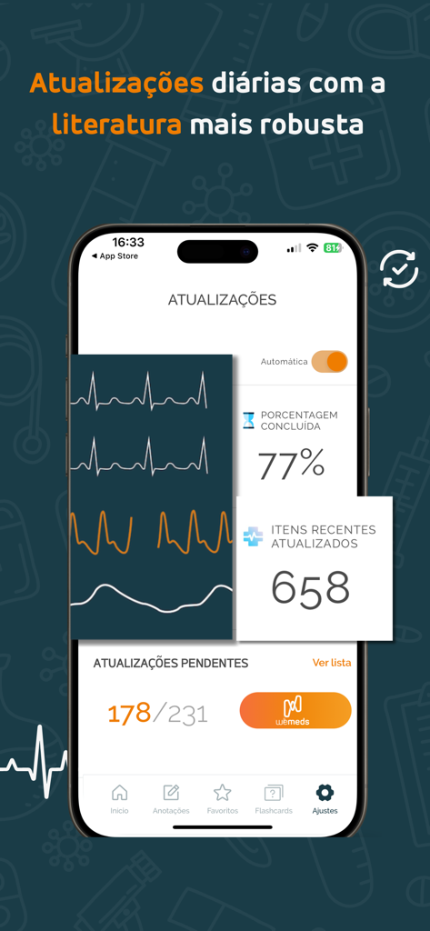 WeMeds mobile app interface displaying daily literature updates and clinical protocol completion status