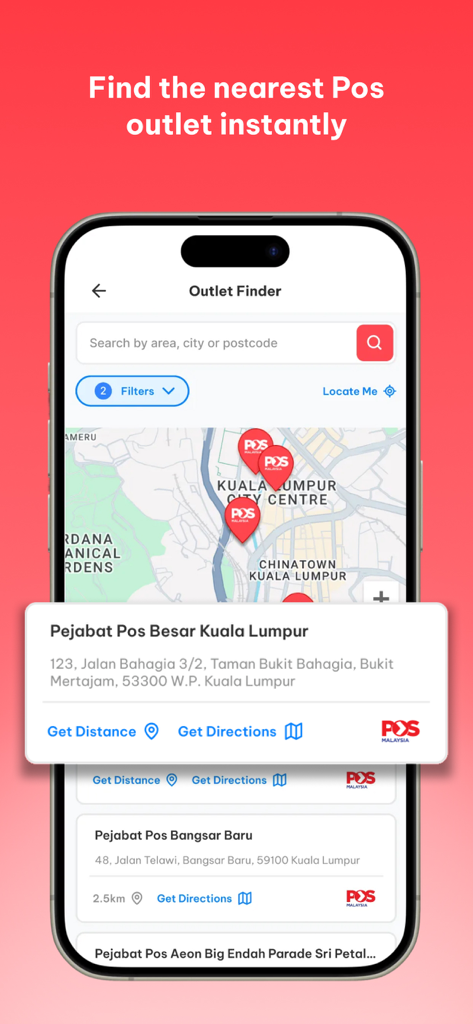 Pos Malaysia - Pos Malaysiaアプリのインターフェース。近くの郵便局の場所が表示された地図と、クアラルンプール支店の特定の住所詳細が表示されています。