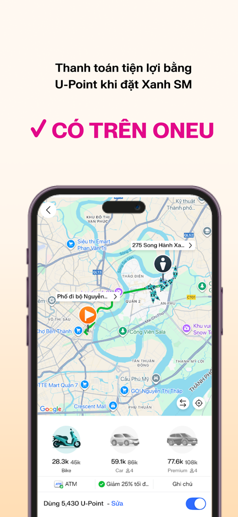 OneU app interface showing a map for booking Xanh SM rides and paying with U-Points