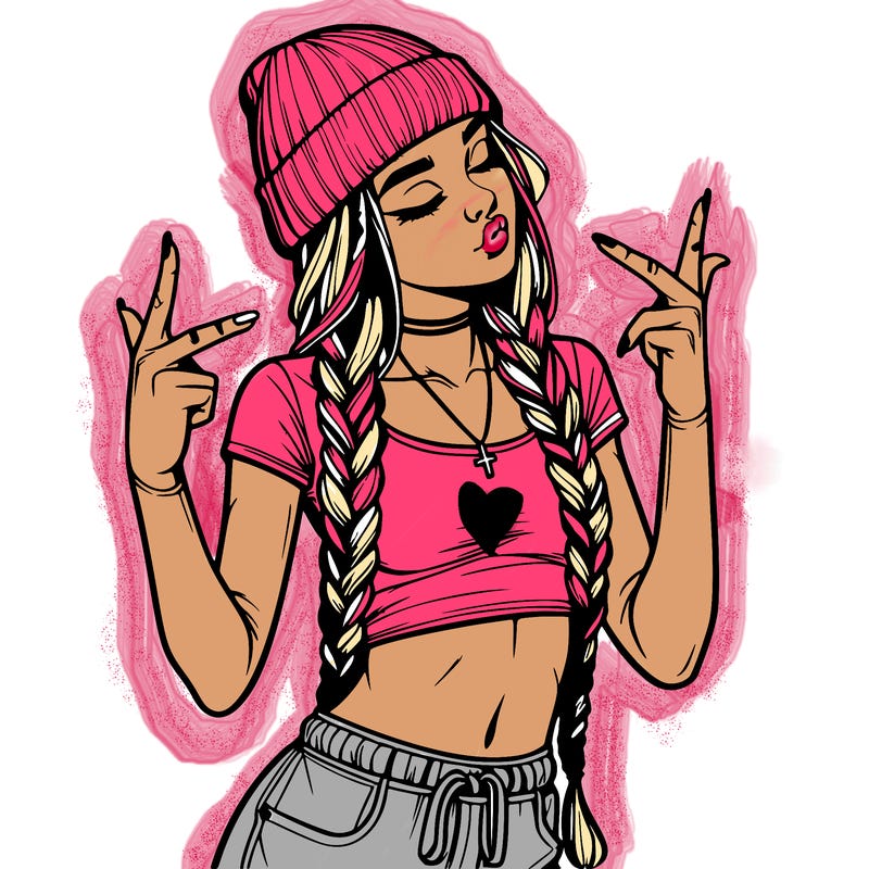 realistic teenage girl with braids and a beanie and crop top doing 🫶🏼