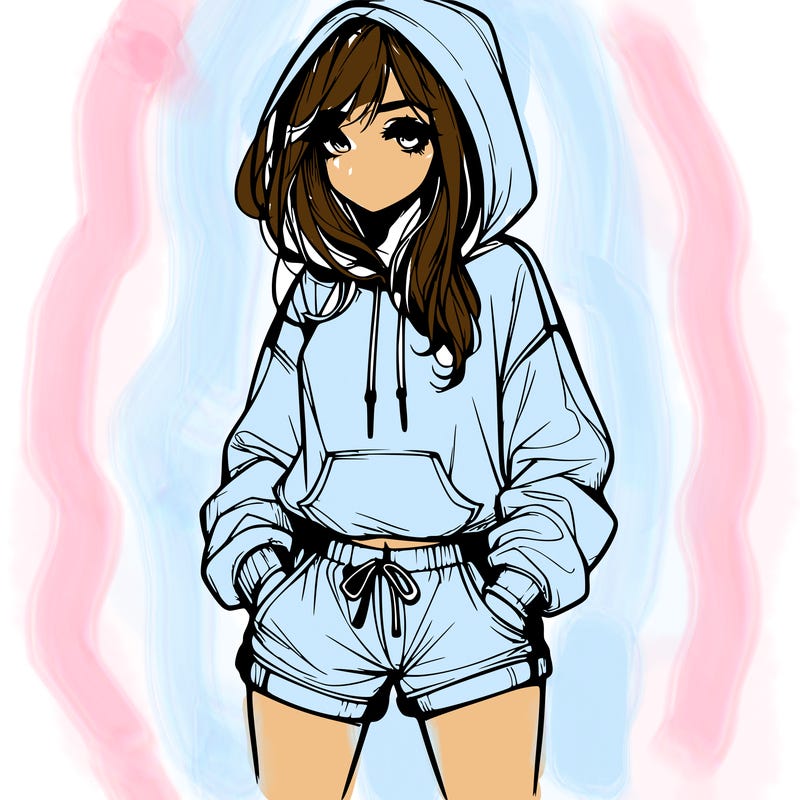 realistic girl in shorts and hoodie