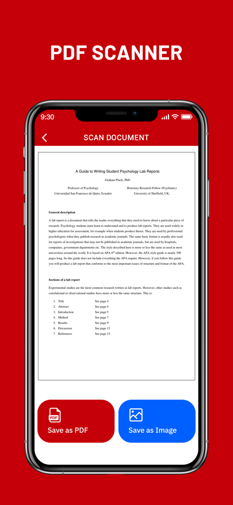 Pantalla de smartphone mostrando un documento escaneado en la aplicación Create PDF con botones para guardar como PDF y guardar como imagen