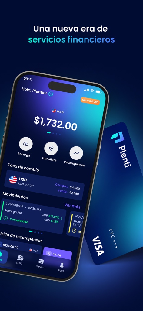 Plenti mobile app dashboard showing a USD balance and the multi-currency Visa card for global transactions.