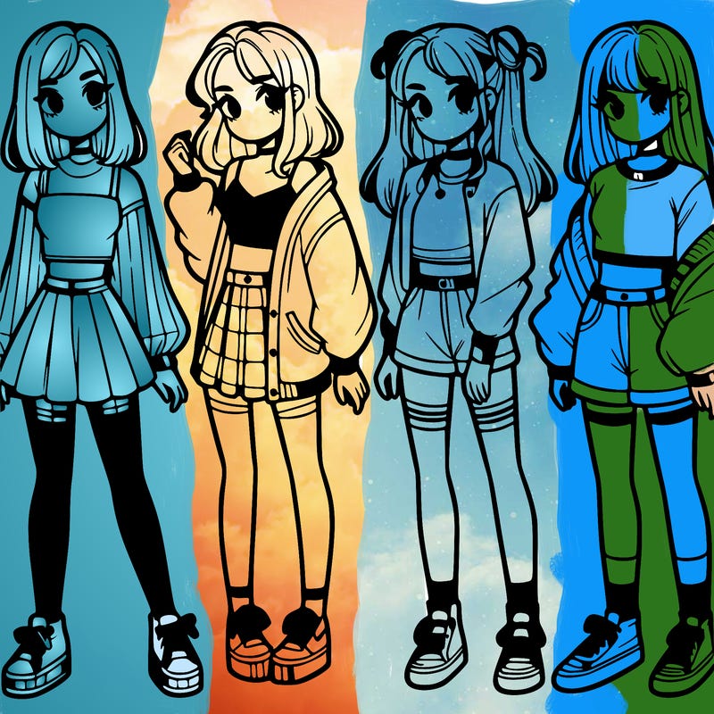 one girl with crop-top shirt and a jacket with a skirt, long socks and another girl with a shirt and pants with a jacket