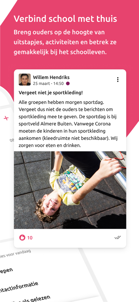 A mobile app interface showing a school announcement with a photo of a student and a message from a teacher.