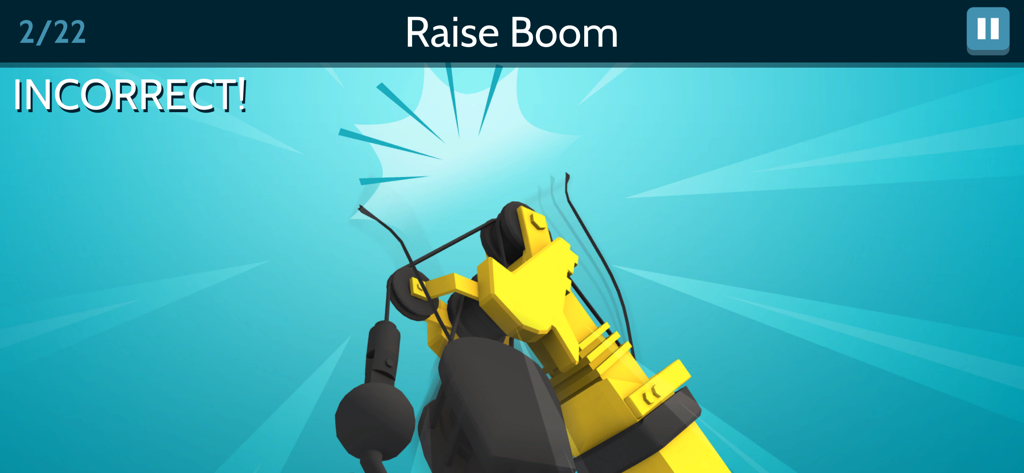 Construction Crane Signals - In-app screen from Construction Crane Signals showing an incorrect answer feedback and a simulated crane accident animation