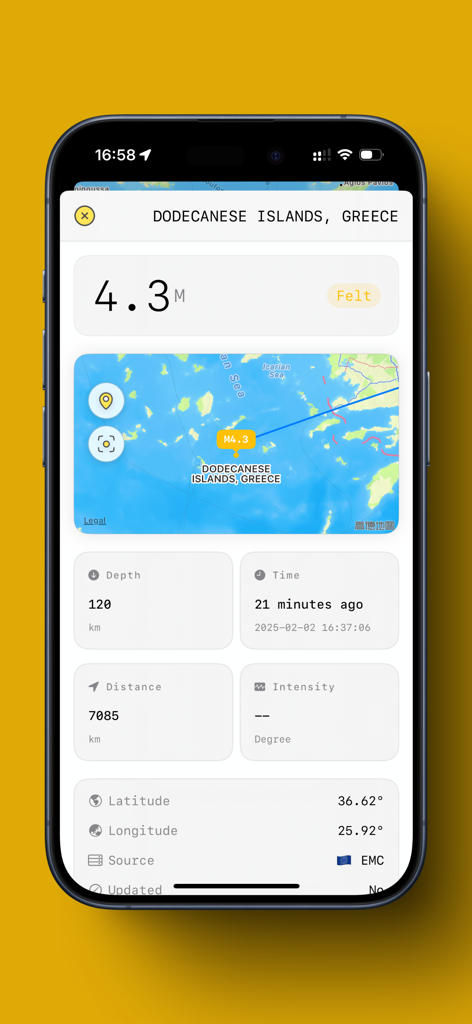 QuakeSense - Earthquake Alerts - Pantalla de smartphone mostrando detalles de un terremoto de magnitud 4.3 en las Islas del Dodecaneso, Grecia, incluyendo magnitud, mapa, profundidad y hora.