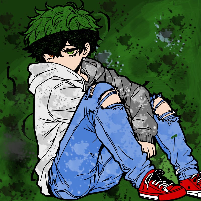 a male hoddie ripped jeans messy hair anime