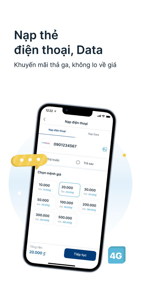 Smartphone screen showing the Payoo app interface for topping up Vietnamese mobile phone credit and data