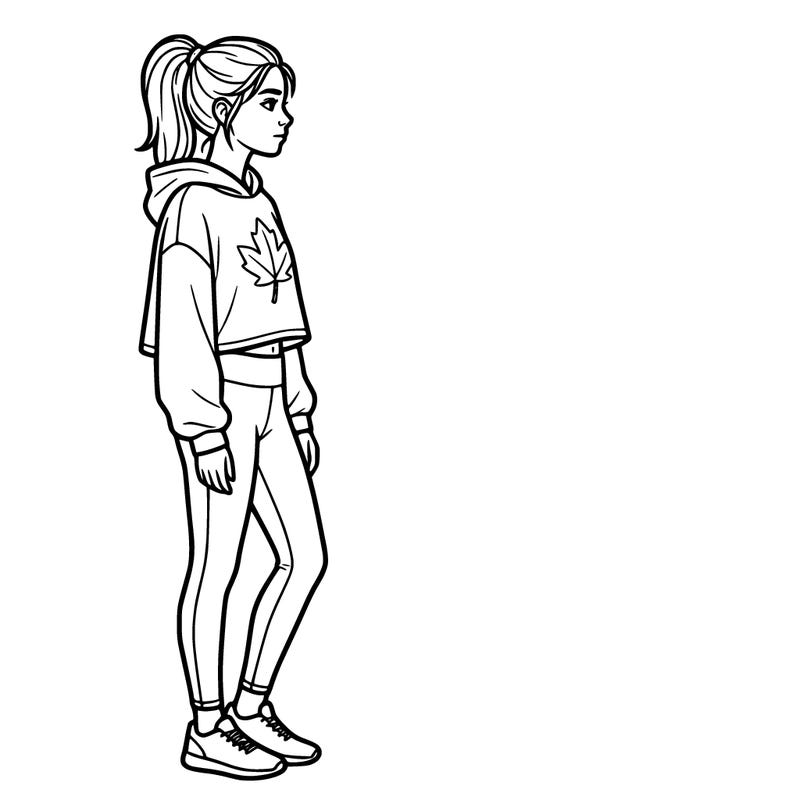 a teenage girl wearing a cropped hoodie with a leaf on it. she is also wearing leggings. she’s wearing athletic shoes. her hair is in a high ponytail.