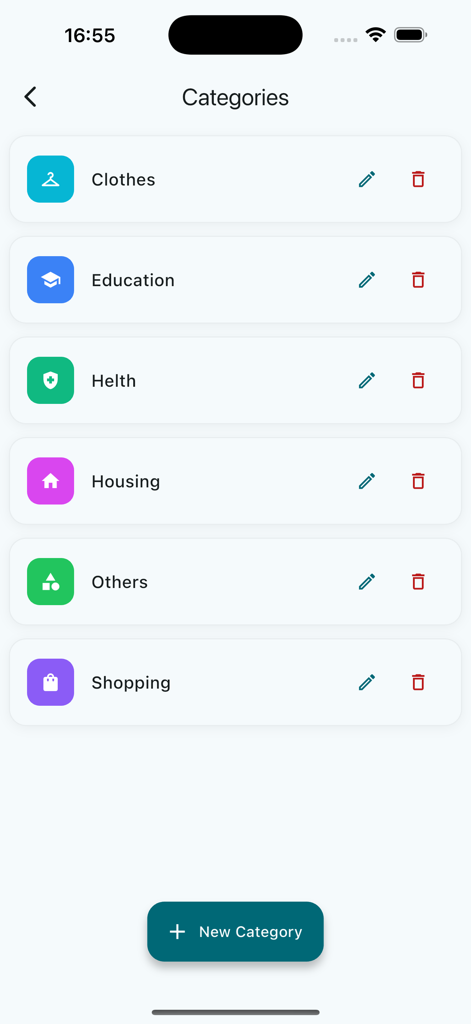 Daily Expense Tracker - Interface of the Daily Expense Tracker app showing customizable spending categories like Clothes, Education, and Housing with options to edit or delete