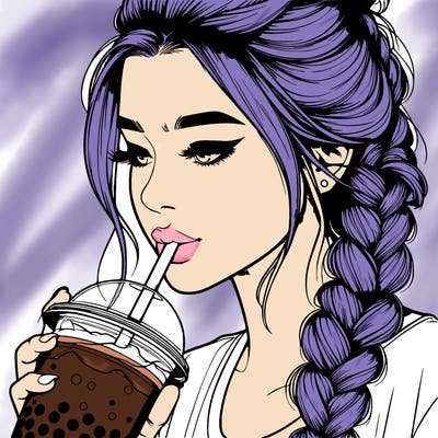 realistic girl drinking boba tea with braided hair
