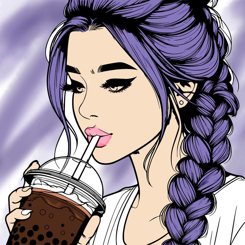 realistic girl drinking boba tea with braided hair