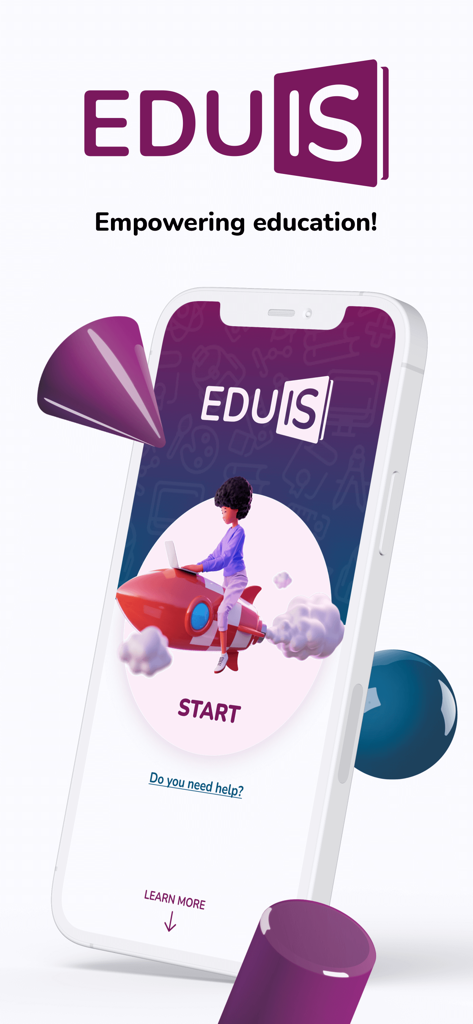 Écran de bienvenue de l'application éducative Eduis avec un élève sur une fusée et le slogan "Empowering education".