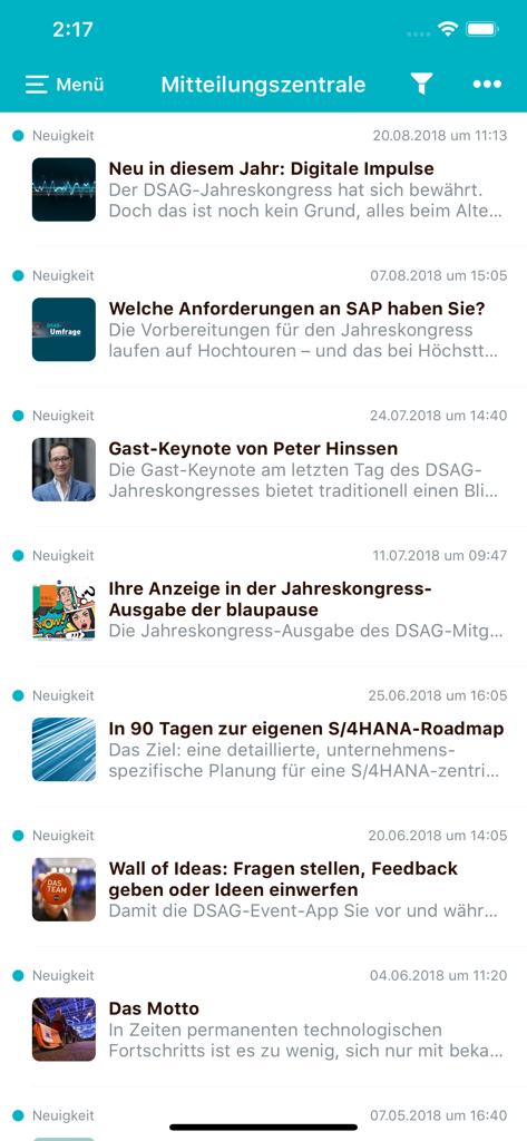 DSAG-Events - Tela do centro de notificações do aplicativo DSAG-Events mostrando uma lista de atualizações de notícias e anúncios de palestras.