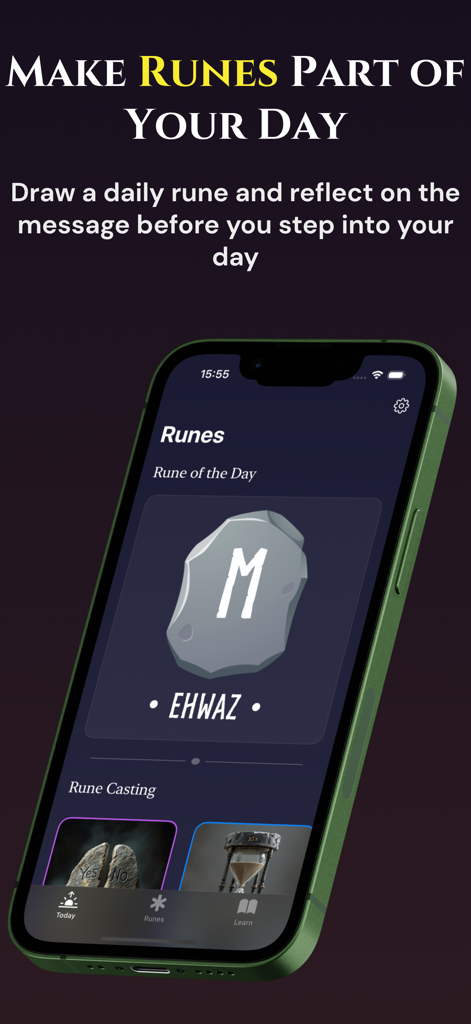Norse Runes & Runic Formulas - Daily rune reading screen in the Norse Runes app featuring the Ehwaz rune