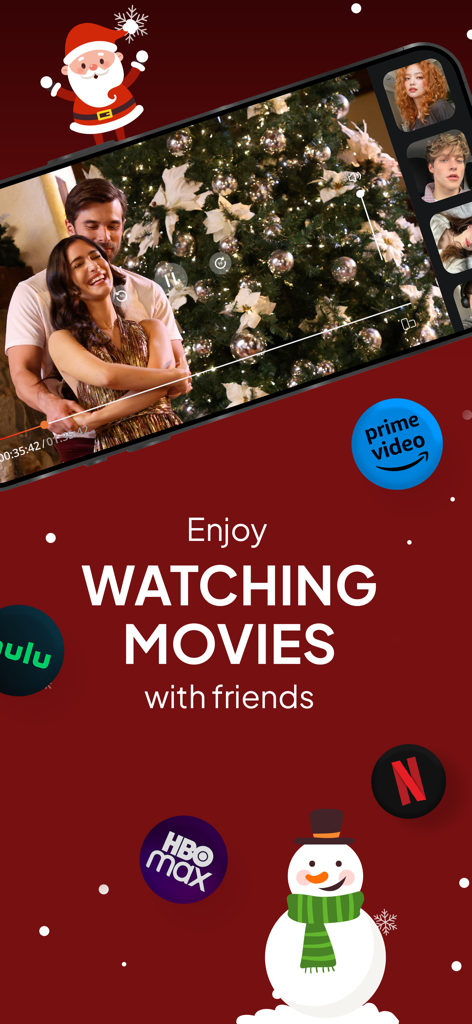 Minu app interface showing a group movie watch party with a Christmas theme and video chat