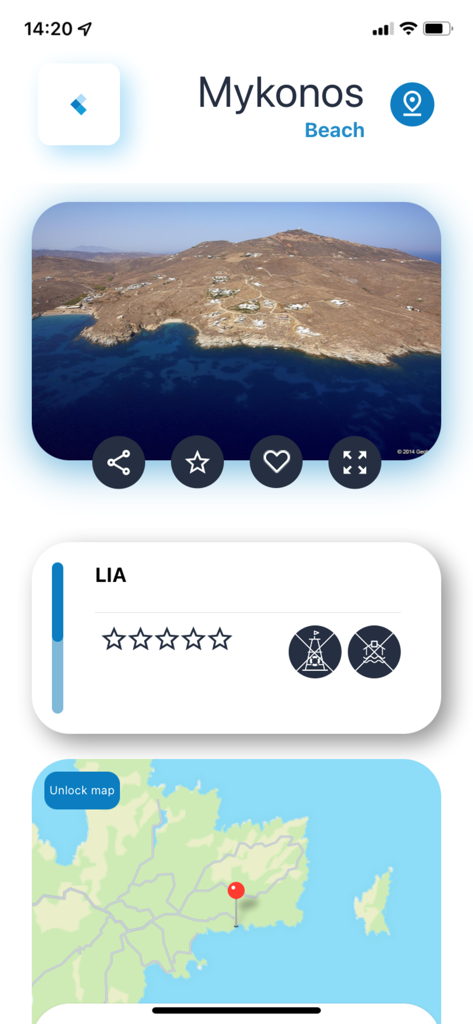 SafeWaterSports - SafeWaterSports app interface displaying an aerial photo and map for Lia Beach in Mykonos Greece